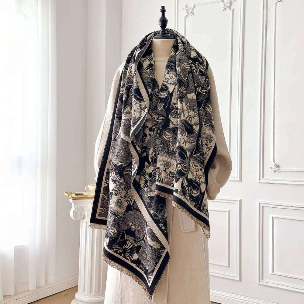Women's Winter Fashion Warm Cat-Patterned Faux Cashmere Poncho - Thick Pashmina Shawl Wrap XJ260304