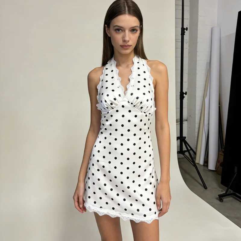 Ticketsx Lace Up Polka Dot Dress Sexy V Neck Lace Patchwork Backless Womens Dress Fashion New Summer Party Vacation Mini Dress M260304