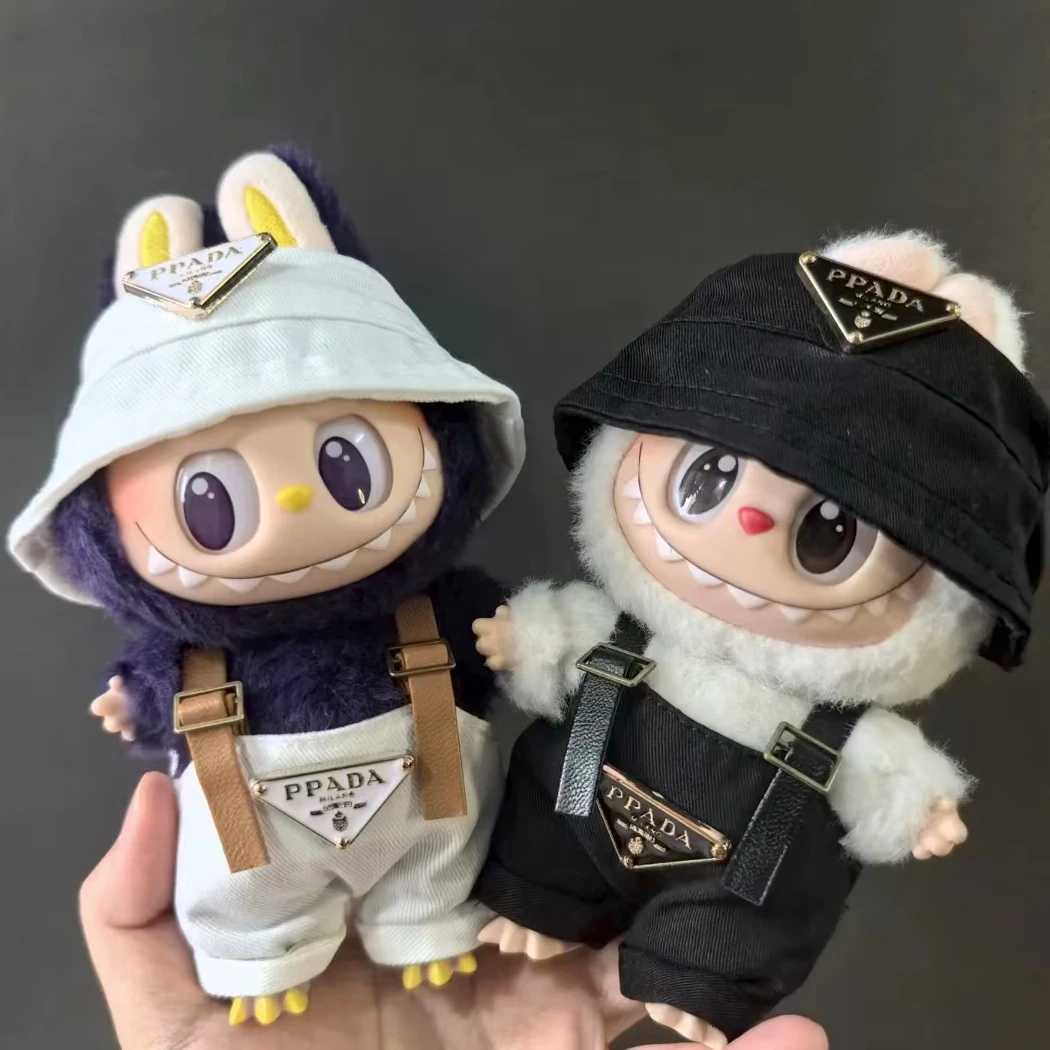 15/17cm Labubu Pink Overalls & Hat Set, Luxury Doll Outfit with Triangle Logo for Party & Fashion AccessoriesT260304