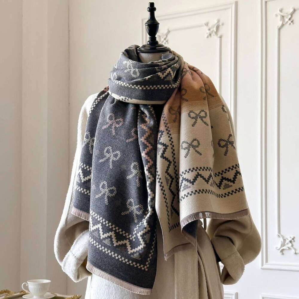 2025 New Brand Elegance Bow Print Scarf Soft Warm Fringe Pashmina Shawl Autumn and Winter Outdoor Coldproof Windproof Blanket XJ260304