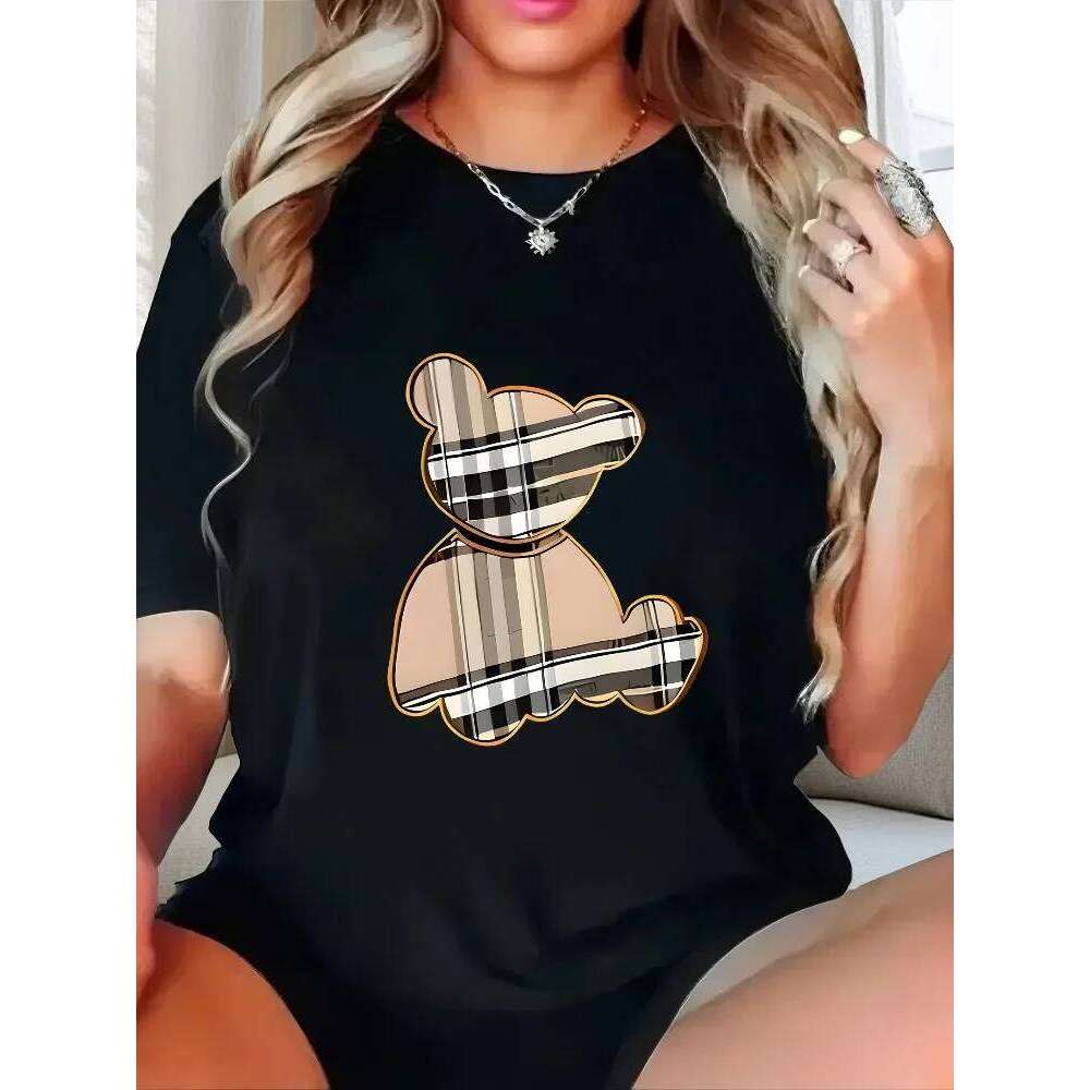 Little Bear Printed Pattern Women's Comfortable T-Shirt Loose Casual Trendy Top Harajuku Shirt Y2k Short Sleeve