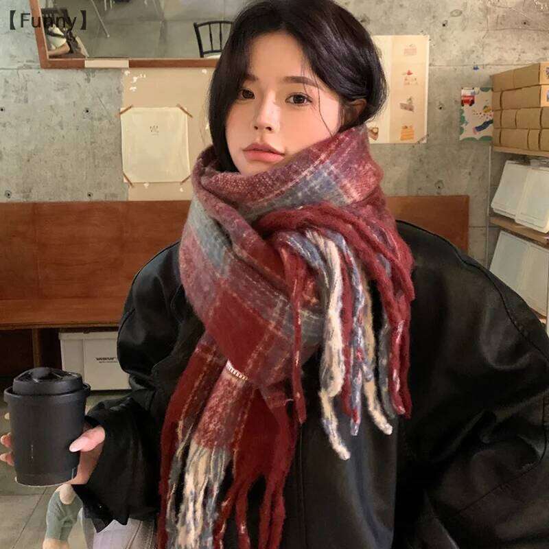 FunnyAutumn And Winter New Korean Plaid Women's Thick Atmosphere Warm Student Shawl Neck Scarf XJ260304