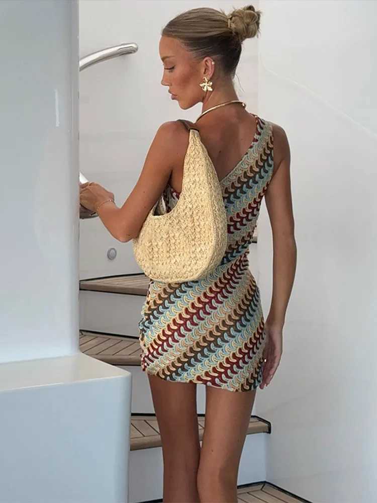 Irregular Printed Knitted Mini Dress For Women Chic Backless Slanted Shoulder Slim Fit Dresses 2025 Summer Holiday Beach Robes M260304