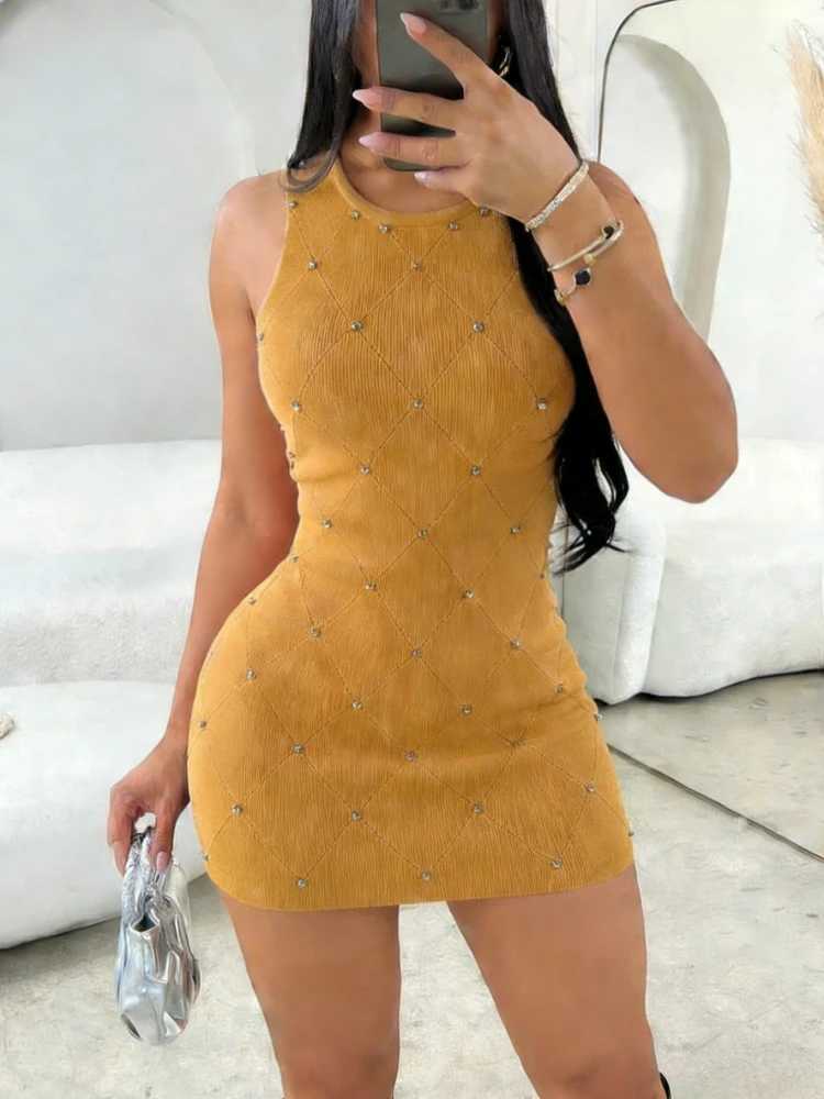 Rhinestone Hollow Out Knit Mini Dress Womens Sleeveless Bodycon Short Dress Ribbed Sparkly Summer Daily Party Stretchy Dress M260304