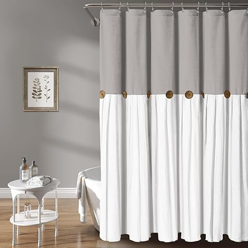 YL-38295 Button-trimmed Skirted Bathroom Shower Curtain, Cotton Linen Waterproof Button-linen Bathroom Curtain