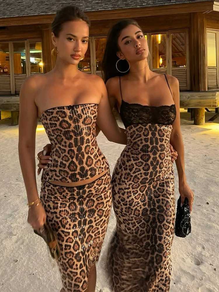 Nibber Patchwork Sequins Sling Dress Woman Leopard Print Sexy Fashion Low-Neck Backless Hot Girls Street Wild Style Long Bodycon M260304