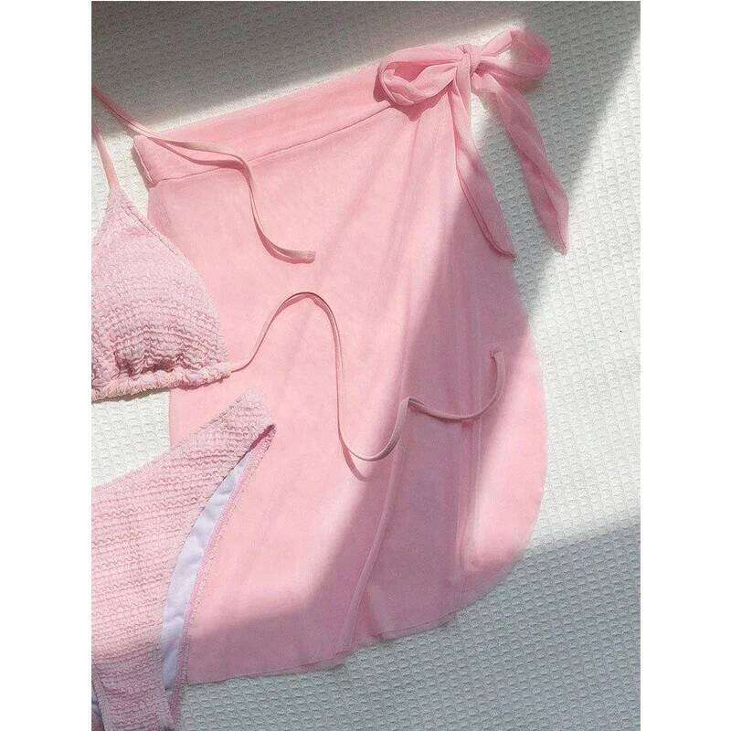 Pink Solid Color 3-piece Swimsuit Women 2023 Skirt Bikini V-neck Halter Backless Bathing Suit Summer Beach Swimwear Y260303