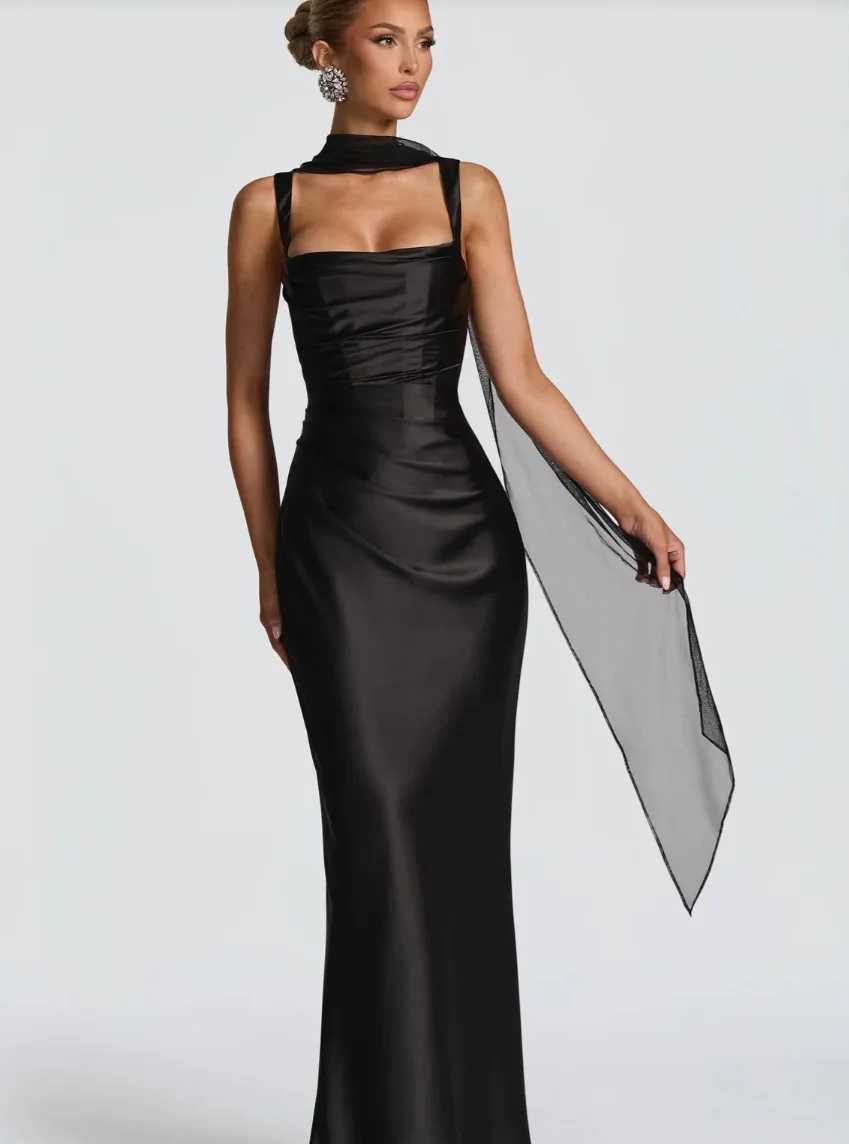 Sexy Solid Ribbon Evening Dress Fashion Sleeveless Square Collar Lace Up Backless Slim Maxi Dresses Lady Summer Dinner Party New M260304