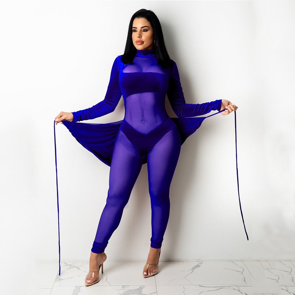Women's designer mesh gauze sexy one-piece suit long-sleeved high-necked jumpsuit clubwear jumpsuits rompers
