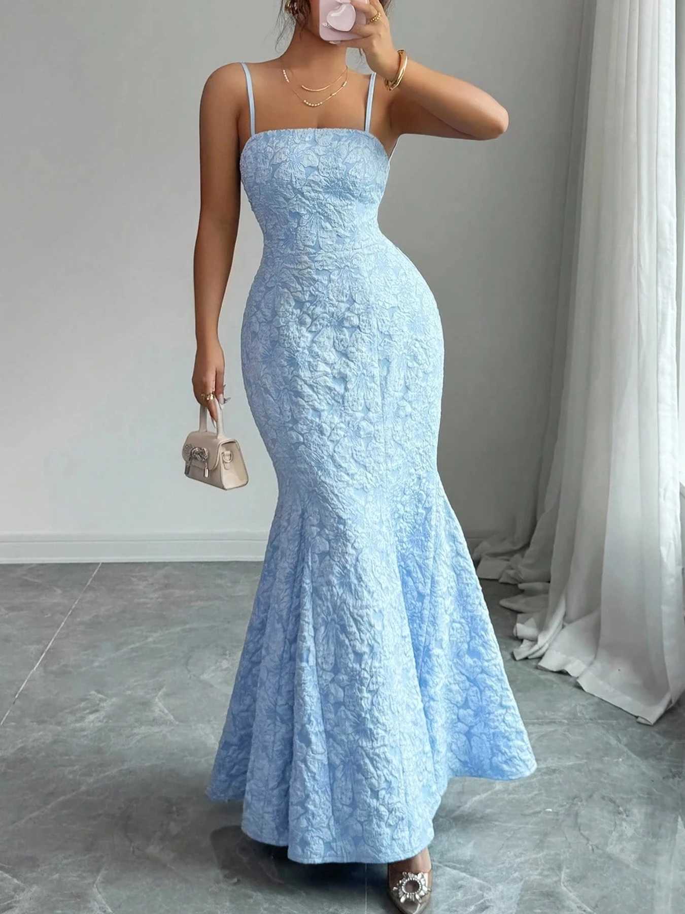 Womens Mermaid Dress Light Blue Spaghetti Strap Backless Lace-Up Maxi Skirt Formal Prom Spring Summer Elegant Evening Gown M260304