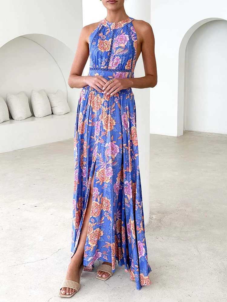 Summer New Pleated Long Dresses Fashion Pattern Printed Sleeveless Swing Beach Dress Female O-neck High Waisted Bohemian Dress M260304