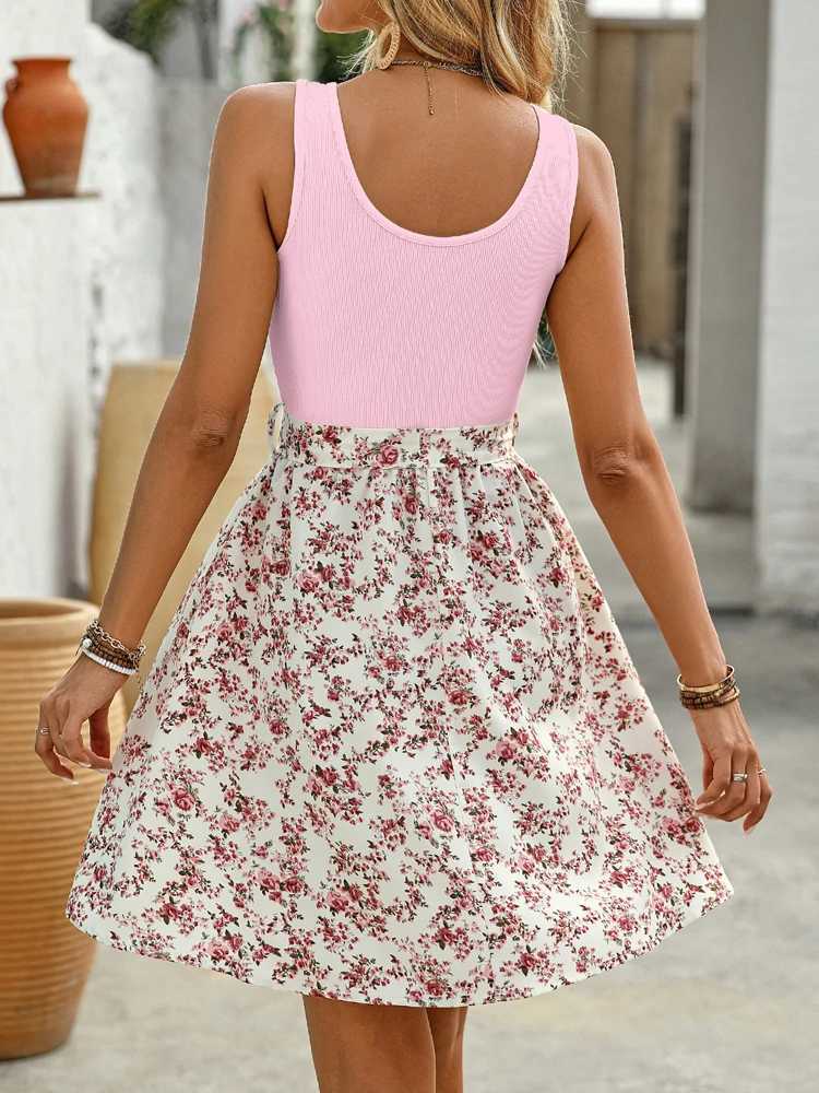 New Summer Woman Elegant Lace-up Sleeveless A-Line Dressbeach Dress For LadiesWoman ClothingFloral Dresses M260304