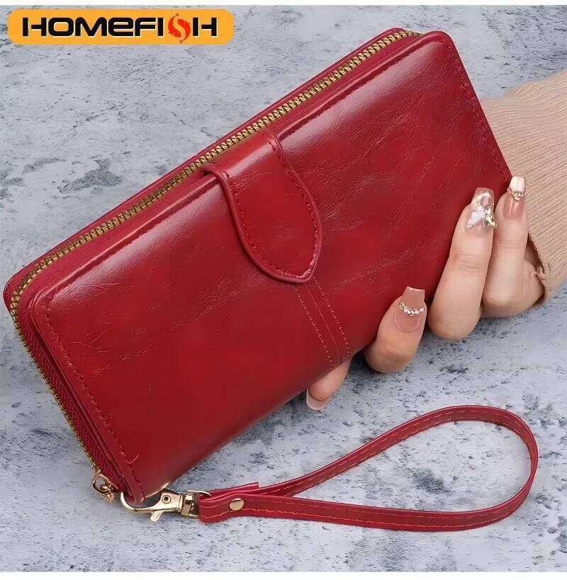 HOMEFISH Women's Vintage Oil Wax PU Leather Clutch Wallet Large Capacity Phone Purse Simple Card Holder Pouch Bag C260304