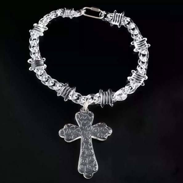 Iridescent Clear Big Jesus Christ Cross Acrylic Pendant Necklace for Women Men HipHop Barbed Wire Chain Necklace Jewelry Gift 251222