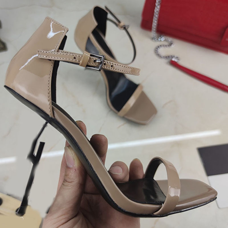 Italian designer patent leather Sandals womens adjustable ankle strap gold toned metal heel Wedding high heels Leather sole Sexy lady Party shoes
