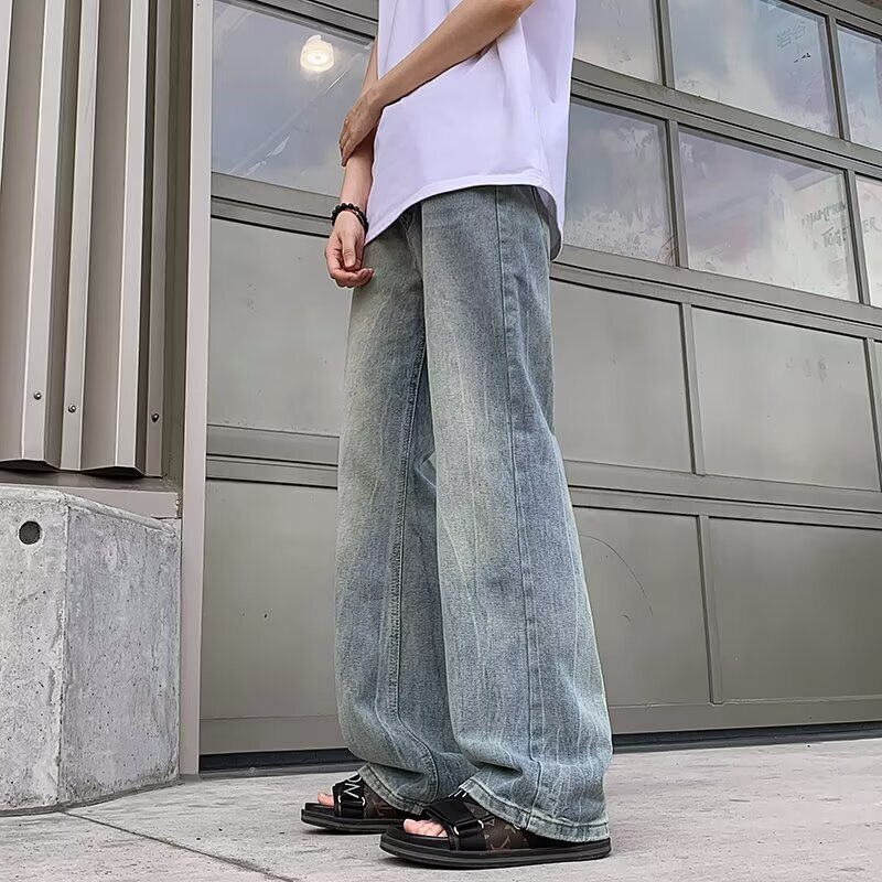 American-style Washed Distressed Wide-leg Jeans For Men Stylish And Designer Pants Trendy Loose-fitting Drapey Pants High Street Straight-leg Floor-length