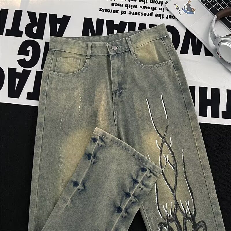 Vintage Washed Distressed American-style Patchwork Yellow Mud Jeans Designer Pants For Men Loose Straight-leg Vibe Slightly Flared High Street Pants