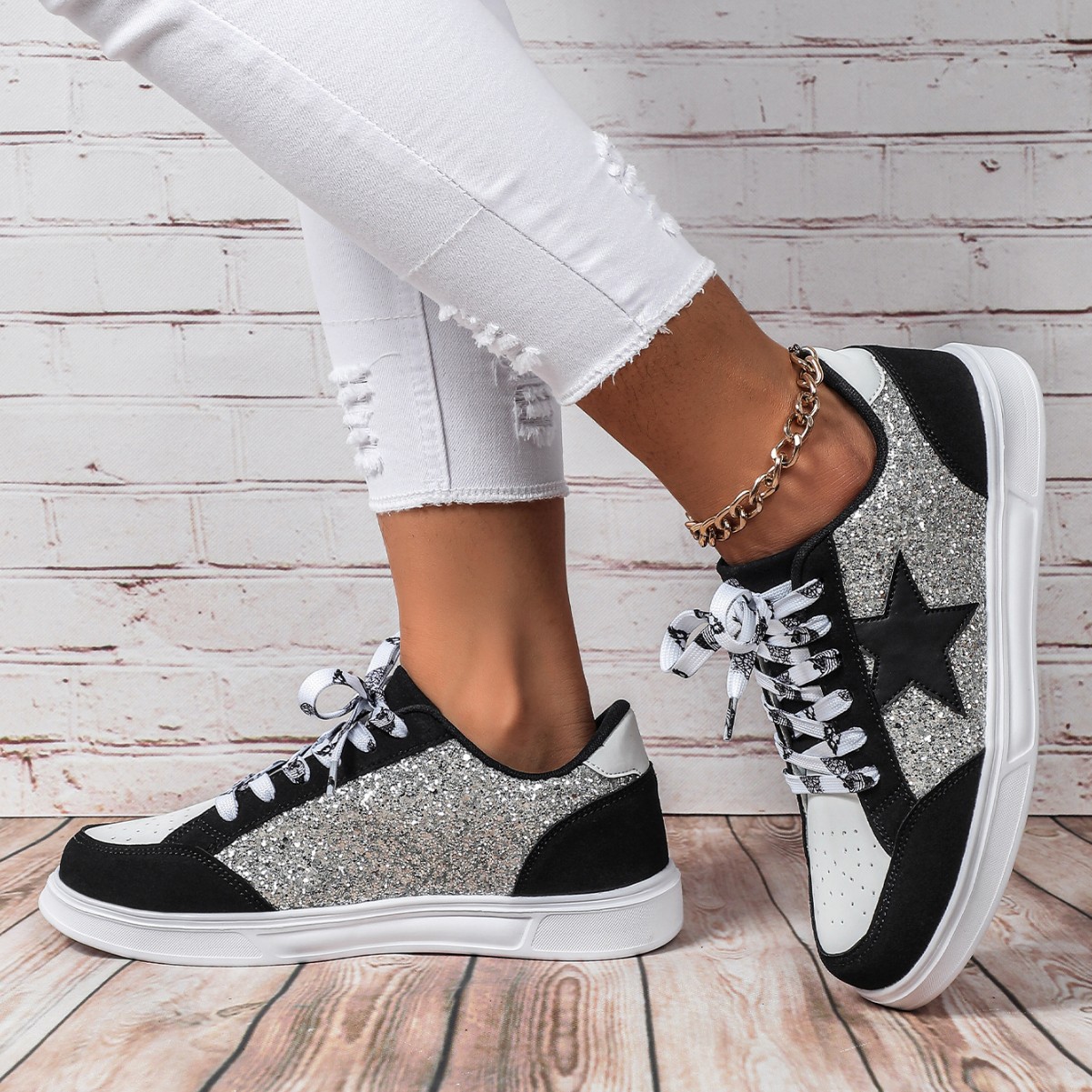 New Design Cross-border Best-selling Skateboarding Shoes Trendy Fashion Sports Shoes Couple Style Glitter-Adorned Versatile Outdoor Leisure Shoes Free