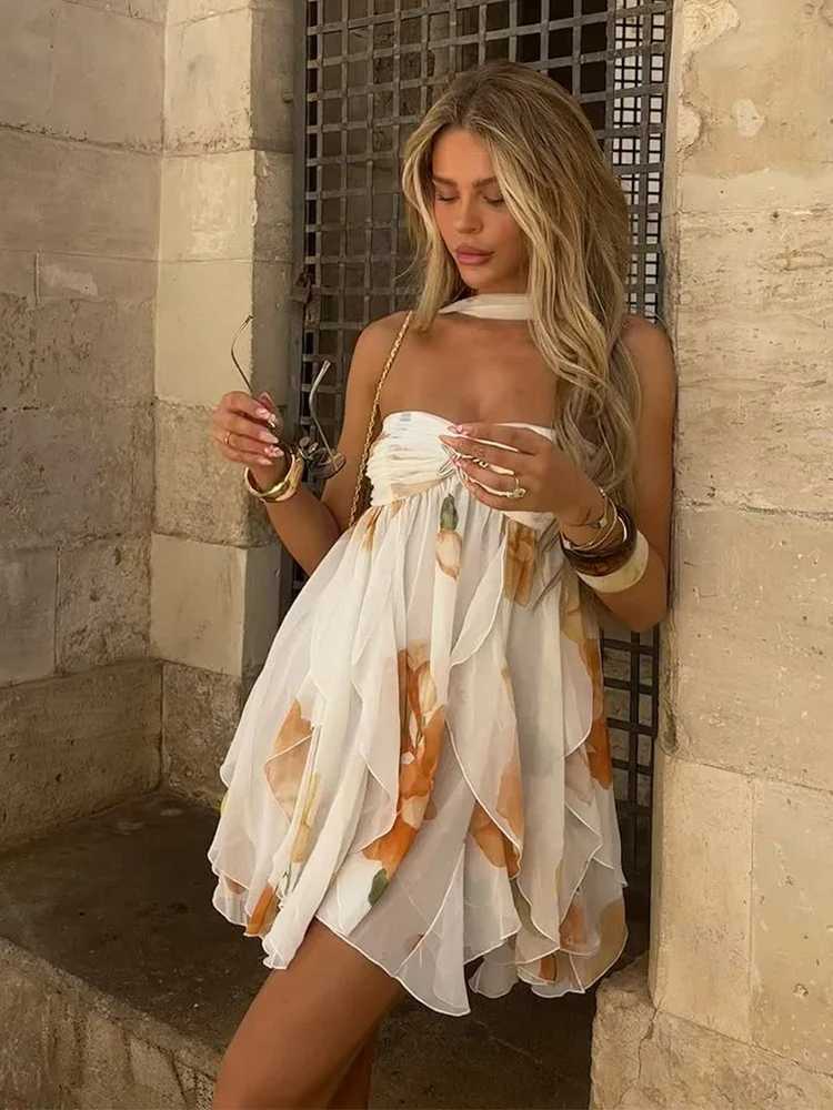 Sexy Ruffle Printed Backless Mini Dresses Lady Chic Sleeveless Off Shouder Pleated Short Vestido 2025 Summer Party Beach Robe M260304