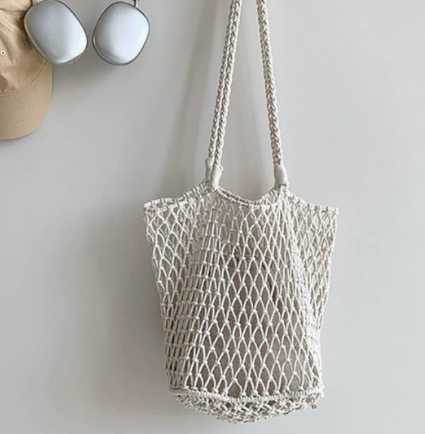 Large-capacity tote bag with cotton rope mesh pocket, beach bag with woven mesh pocket, straw bag with woven net pocket H260304