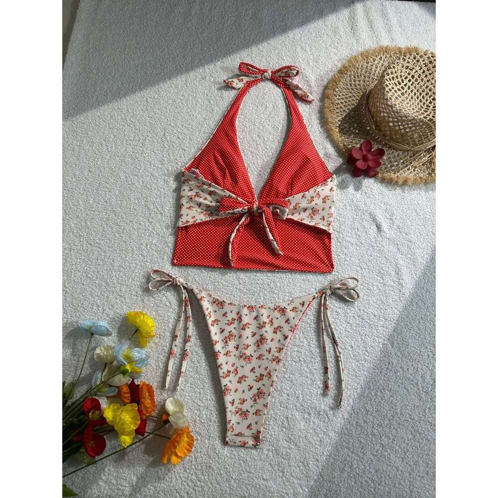 2025 Floral Halter Bikini Women's Sexy Backless Swimwear with Tie Detail Summer Strappy Two Piece Bathing Suit Holiday Y260303