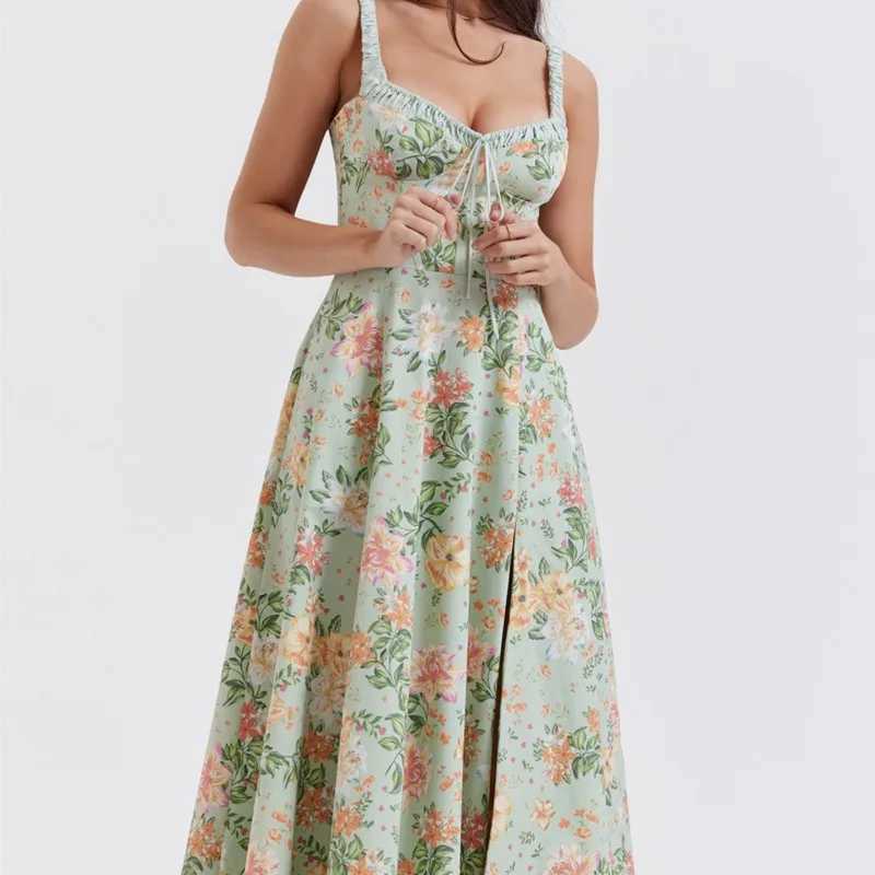 Summer Elegant New Sexy Patchwork Printed Strappy Dresses Women Fashion Slim Lace-up Long Dress Ladies Holiday Party Dress M260304