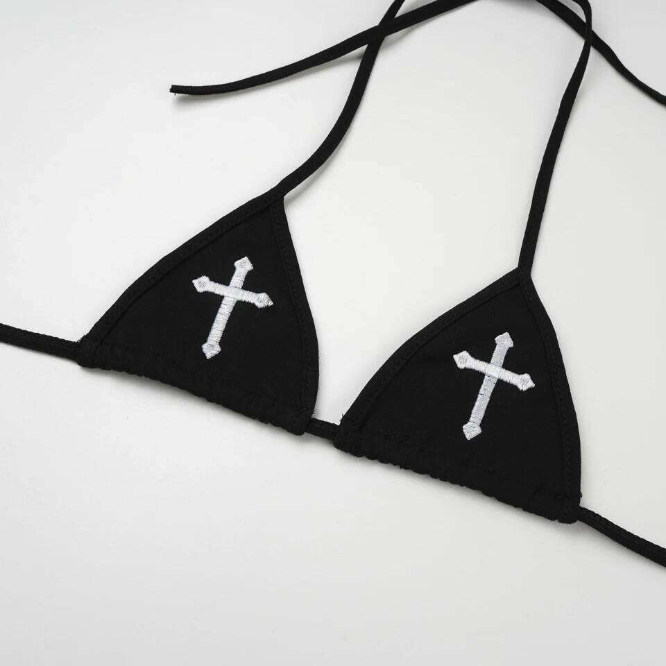 Sexy Bikini 2024 Women Cross Embroidery Split Bathing Suit Underwear Lingerie Goth Swimsuit Low Waist Bikinis Beach Swimwear Y260303