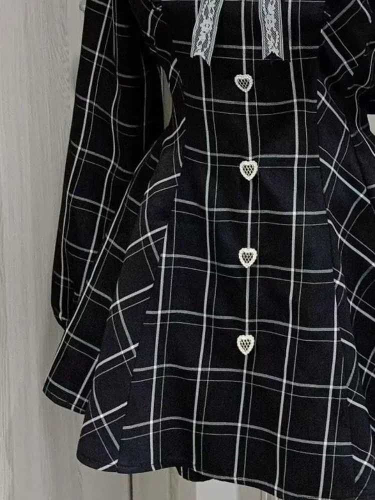 Japanese Fairy Sweet Lace Patchwork Plaid Dress Women Kawaii Grunge Ruffled Long Sleeve Dresses Y2k Aesthetic JK Lolita Vestidos M260304