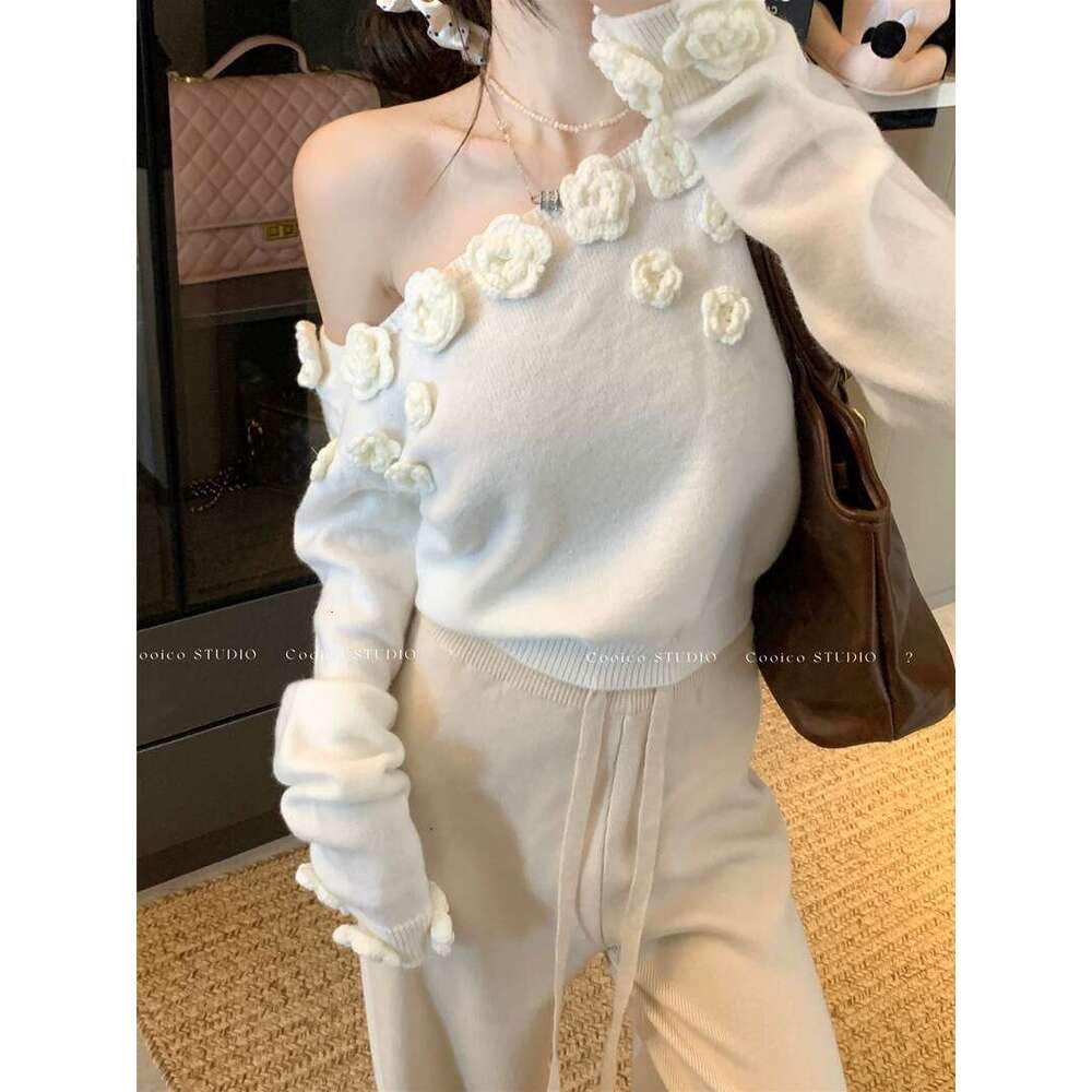New Design: Three-Dimensional Floral Off-Shoulder Elegant Long-Sleeve Knit Sweater Women Slim-Fit Versatile Top For Autumn Luanyun