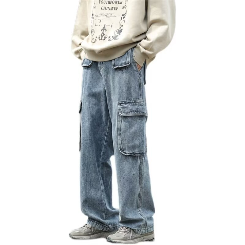 Japanese Retro Designer Pants Multi-pocket Workwear Jeans For Men Autumn High Street Ins Trendy Brand Vintage Loose Straight Wide-leg Pants
