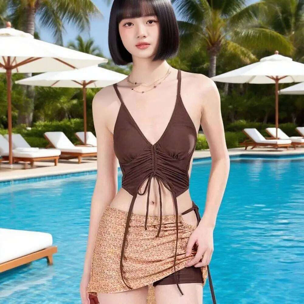 Three Point Coffee Swimsuit Suit Neck Lace-up Design Bikini Set Mini Style Slimming Halter Backless Small Chest Y260303