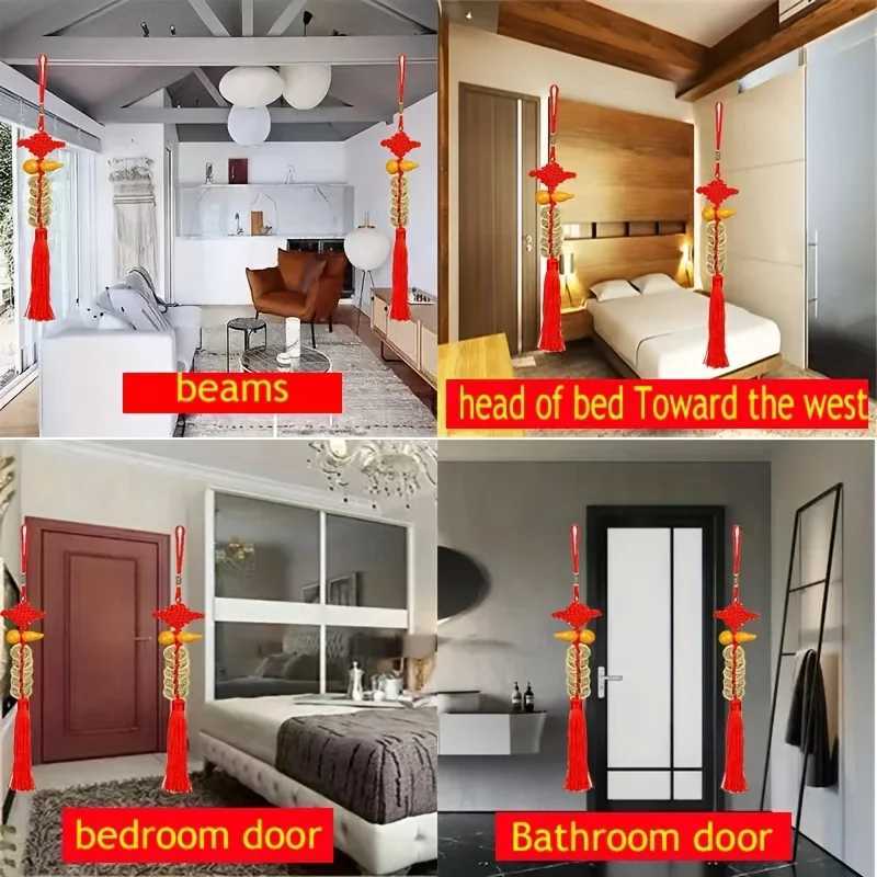 This antique brass Five Emperors Coins pendant with a red tassel symbolizes wealth and protection for your living space.T260304