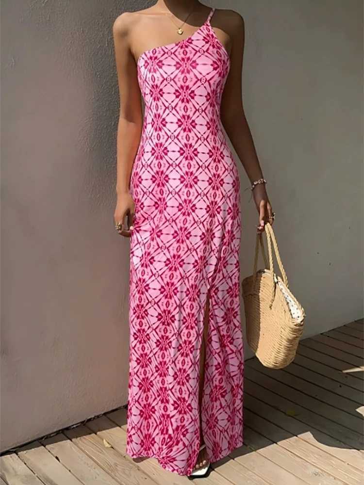 Single shoulder camisole strapless backless printed slit dress 2026 summer new product casual vacation style womens dress M260304