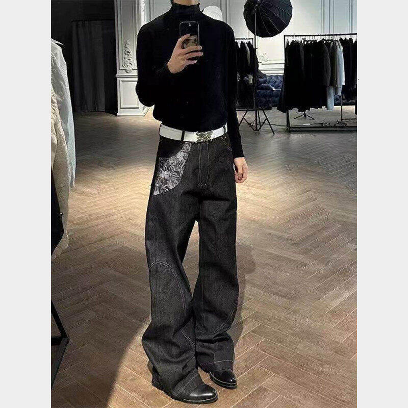 Snake Pattern Narrow Red-ear Distressed Jacquard Jeans For Men Summer Cleanfit Designer Pants Pants Trendy Brand Patchwork Flared Jeans