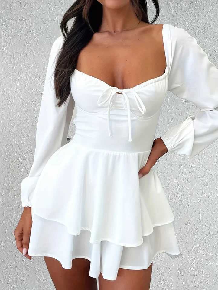 Sexy And Elegant V-neck Backless Waist Cinched Long Sleeved Dress Nightclub Party Style White Lace Up Ruffle Edge Short Skirt M260304