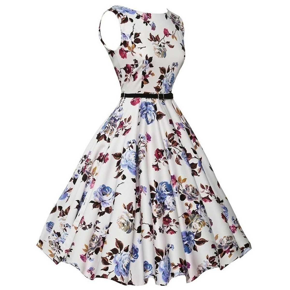 Summer Vestidos Dress Clothing Floral Robe Retro Swing Casual Vintage Rockabilly Dresses M260304