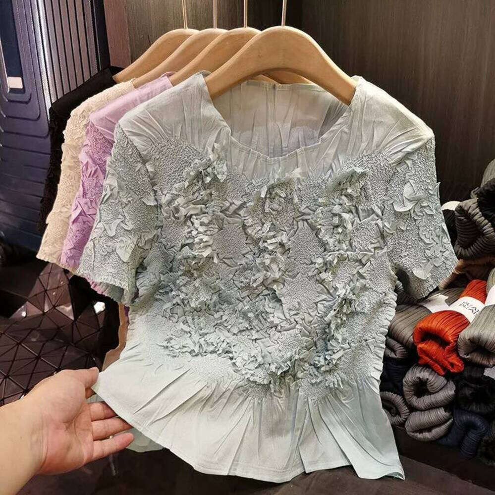 ZHE HAN Miyake Pleated Handmade Stacked Flowers Fold Round Neck T-Shirt Summer New Solid Versatile Thin Short-Sleeved Pleat Tops