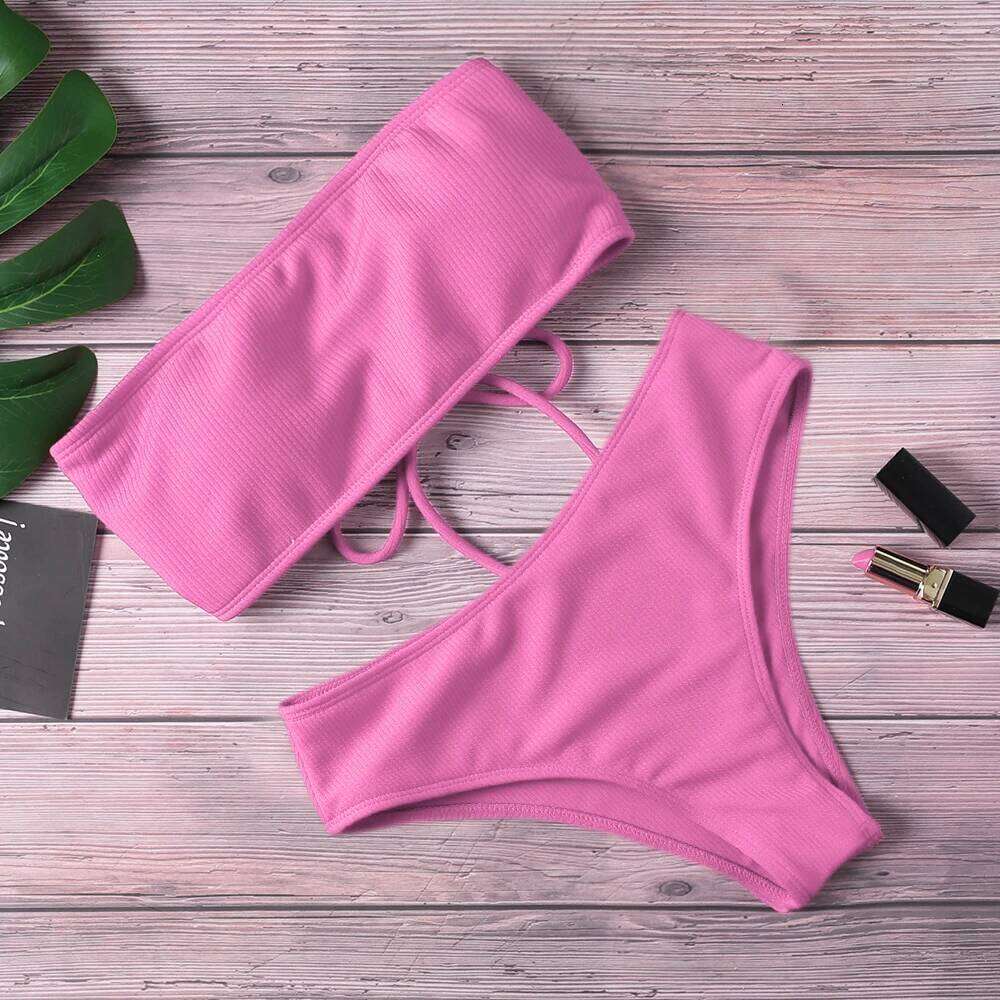 2024 New Swimwear High Waist Strapless Sexy Bikini Pure Color Women Swimsuit Padded Bathing Suit Y260303