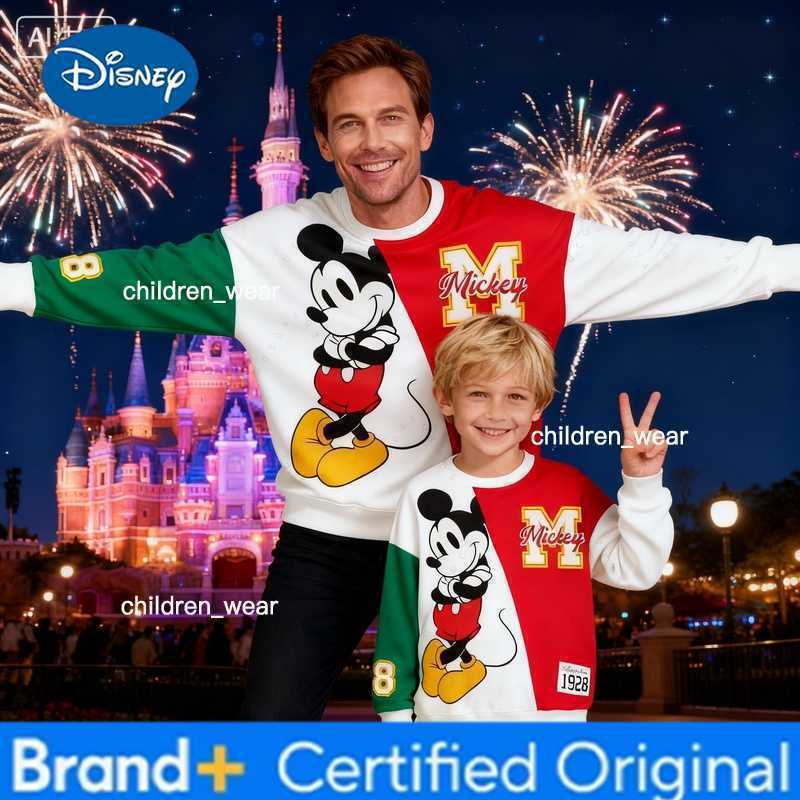 Disney Mickey Contrast Color Cartoon Print Adult Kids Crewneck Pullover Thin Sweatshirt Soft Comfy Stylish Relaxed-Fit Autumn Winter H260304