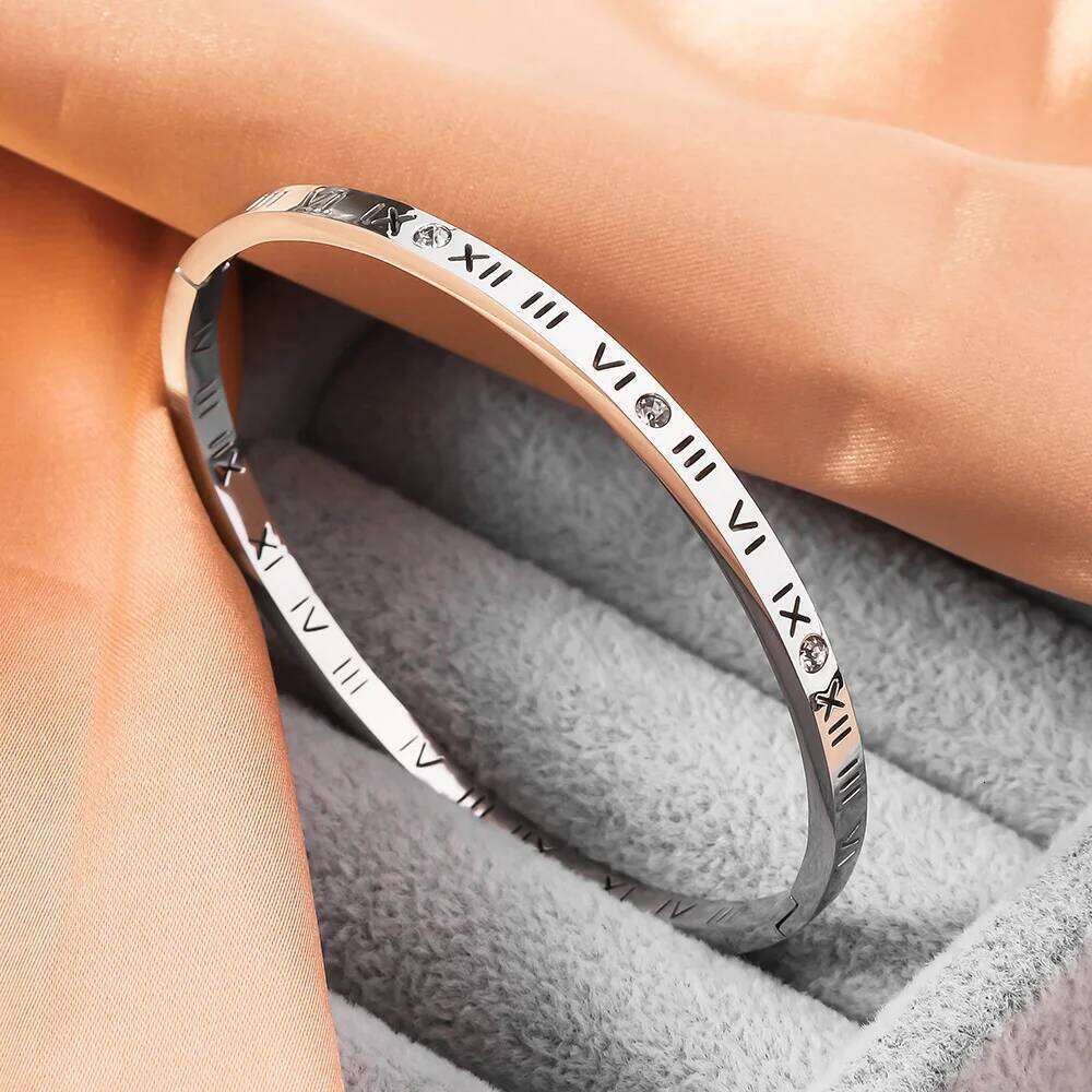 Hollow Roman Numerals Set With Diamonds, Popular Women's Bracelet, Fashionable Opening Buckle, Stainless Steel Jewelry XJ260303