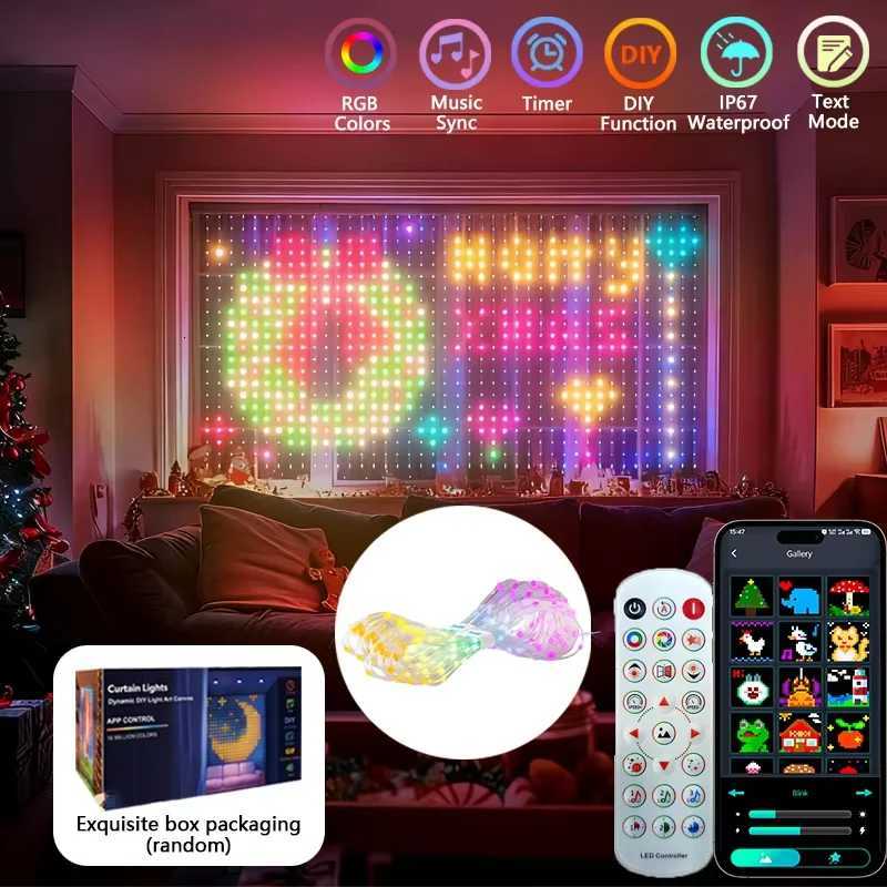 Bluetooth App LED String RGB Fairy Lights 2m2m/3m Smart Curtain Lights DIY Music Change Display for Window Bedroom Decoration H260304