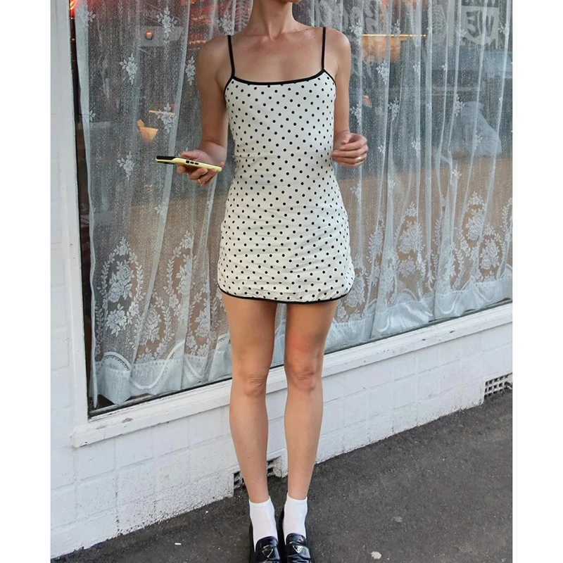 Summer Women Elegant Sleeveless Y2k Polka Dot Print Short Slip Dress Backless Contrasting Trim Bodycon Mini Dresses M260304