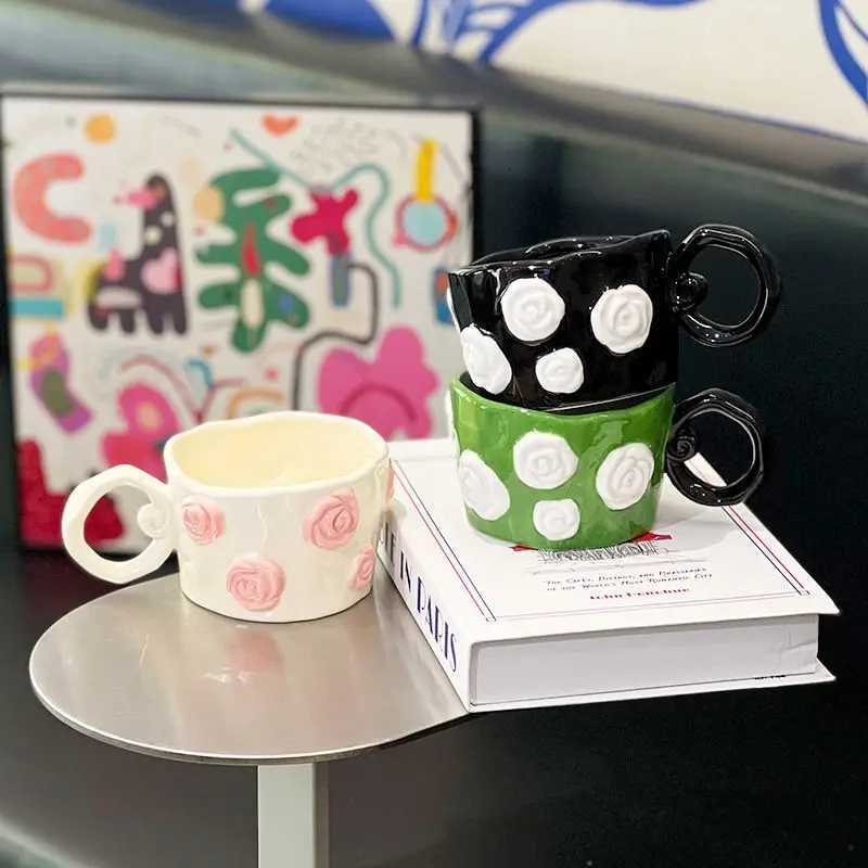 Girls Heart 3D Relief Rose Ceramic Mug Couple Drinking Water Coffee Cup Gift Handheld GiftT260304