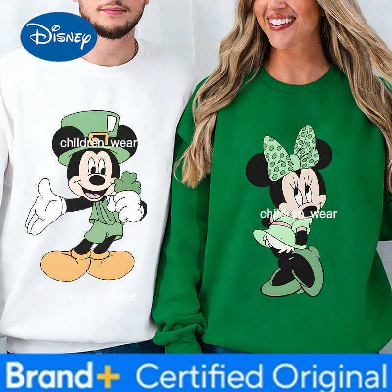 Disney 2026 St Patricks Day New Mickey Mouse Minnie Print Valentines Day Couple Sweatshirt For Women Men Long Sleeve Mickey Pullover H260304