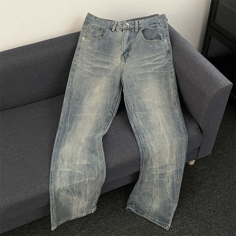 2026 Buttoned Washed Slightly Stretchy Straight-leg Designer Pants Regular Summer Yellow Mud Color Jeans For Men American Style Trendy On Instagram Japanese Style