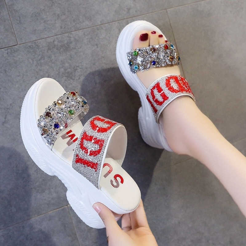 Pegged platform slippers for women, new 2025 summer style wedge fashionable studded thick-soled half-toe high-heel flip-flops with built-in height adjustment. J260304