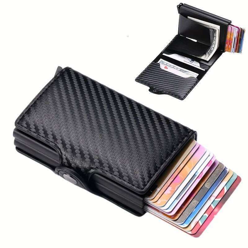 Rfid Aluminum Double Deck Buckle Men Holder Small Card Wallets Carbon fiber Leather Slim Mini Wallet Quality Male Purses C260304