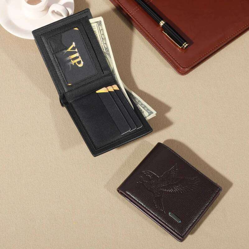 Eagle-Embossed Black PU Leather Men's Wallet: Waterproof Scratch-Resistant with Plaid Detail, Large Capacity & Multiple Card S C260304