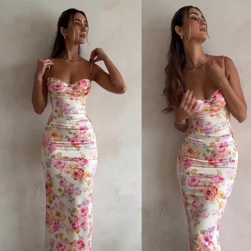 New Floral Suspender Split Slim Sleeveless Patry Beach Style Spaghetti Strap Dress Women Clothes Mini Dress 2024 Summer M260304