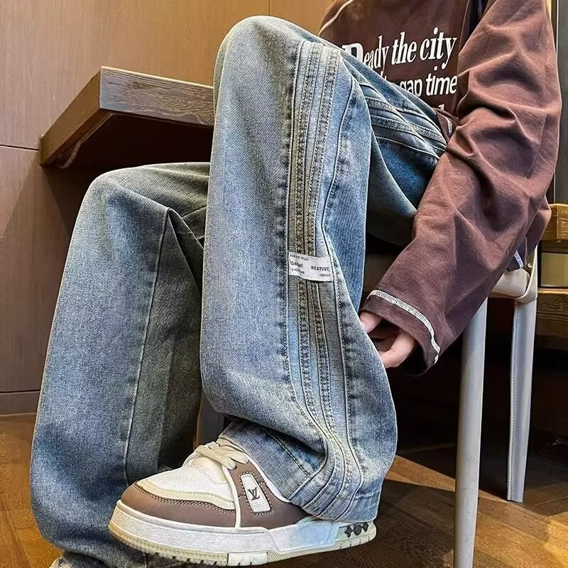 Autumn New Korean Style Fashion Versatile Designer Pants Retro Straight-leg Patchwork Jeans For Men Loose Wide-leg Trousers
